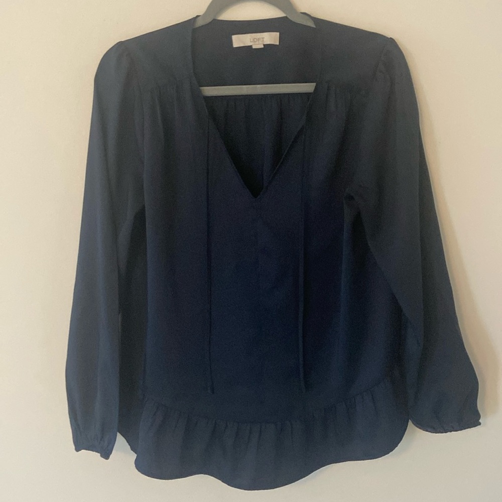 Loft Split Neck Navy Ruffle Blouse - image 3